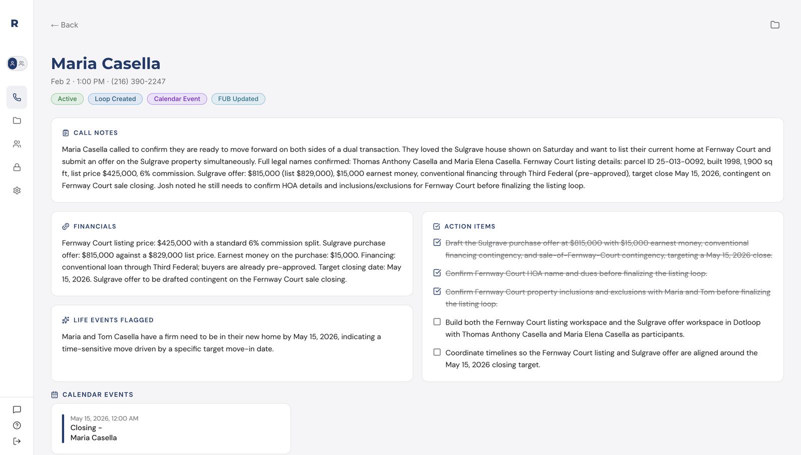 Reamo client detail view with call notes, financials, and action items